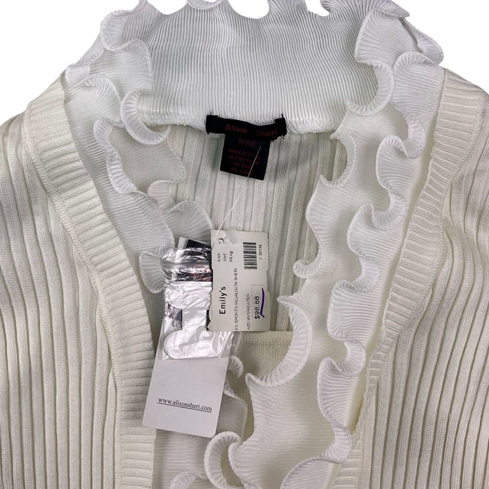 Alison Sheri Cream Ribbed Knit Ruffle Cardigan Sweater Women's XL Elegant‎ - Picture 3 of 10